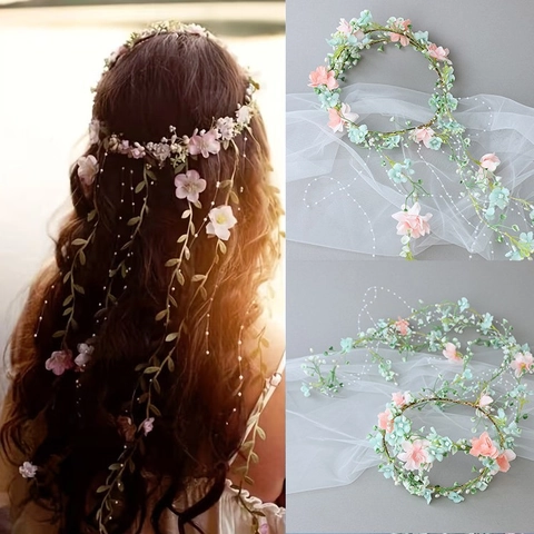 Corona di Fiori Artificiali Bohemien Con Nappa Lunga Perla Artificiale Accessorio Capelli Sposa Matrimonio Copricapo Floreale Donna
