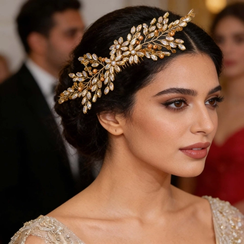Pettine per Capelli Sposa Fatto a Mano Oro Champagne Strass Perla Artificiale Fiore Ramo Matrimonio Festa Donna Gioielli
