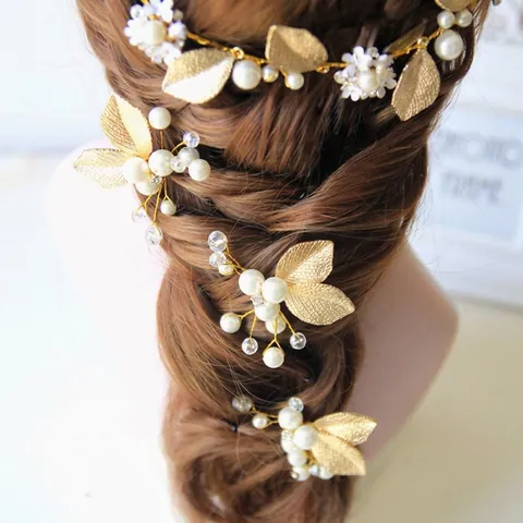 Set Copricapo Sposa Foglia d'Oro Con Perle Artificiali Strass Fiore Vite per Capelli Forcina Orecchini Gioielli per Donna