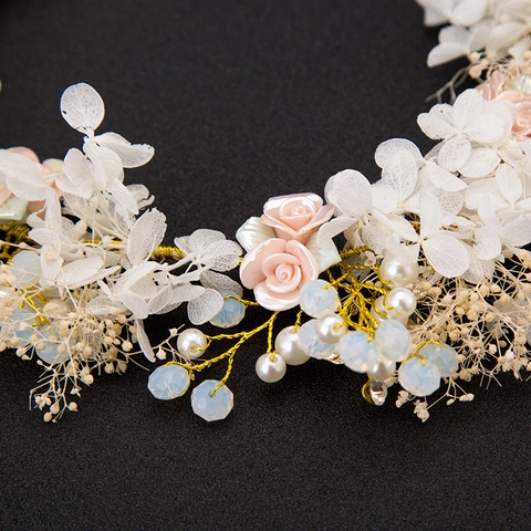 Handmade Floral Wedding Hair Band For Women Pink White Rose Artificial Pearl Rhinestone Bridal Headwear Hair Accessory