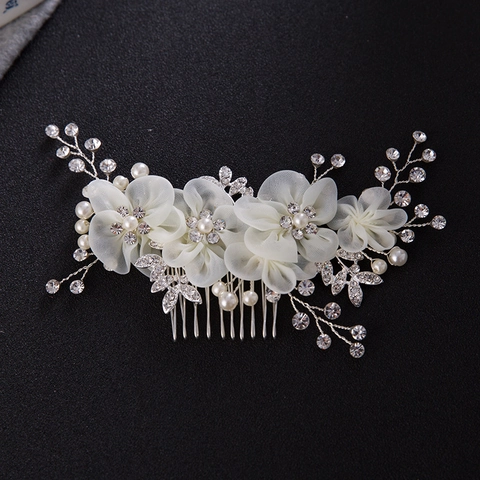 Pettine per Capelli da Sposa Stile Coreano in Lega con Strass Perle Artificiali e Fiori in Tessuto Accessori per Matrimonio Donna