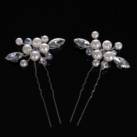 Elegante Horquilla de Novia Plateada Con Perla Artificial de Imitación y Strass Hoja Accesorio para Cabello en U Boda Mujer