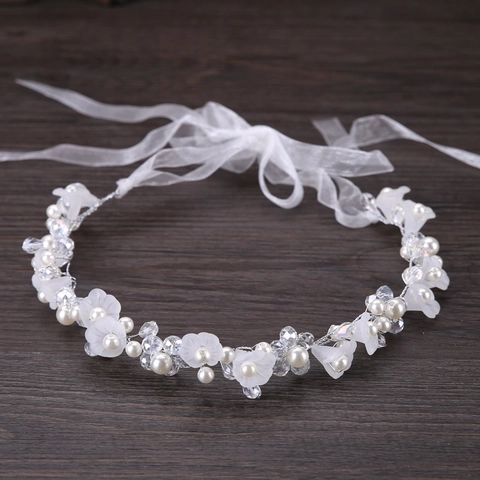 Diadema de Novia Hecha a Mano Flores Blancas Con Cristal Perla Artificial Imitación Cinta Organza Accesorio de Pelo de Boda Elegante