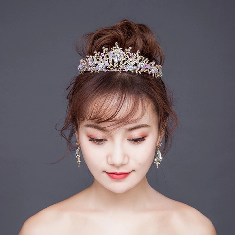 Luxury Alloy Rhinestone Bridal Crown And Earring Collection Floral Leaf Princess Wedding Party Headpiece Pink Crystal Jewelry