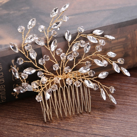 Peine de Pelo de Novia de Cristal Hecho a Mano Elegante Tocado de Boda de Strass Rama Floral Hoja de Oro Plata Accesorios para el Cabello para Mujeres Joyería