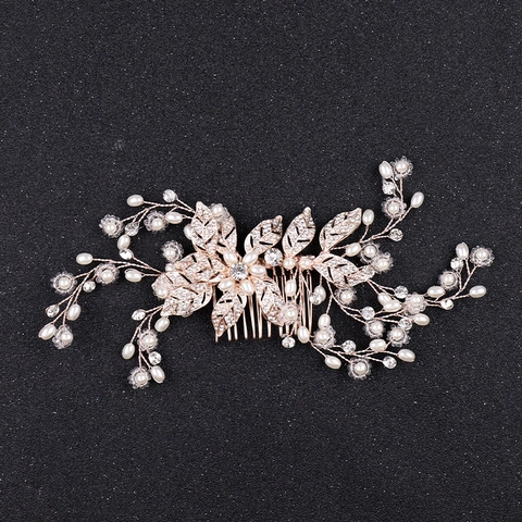Peine de Pelo de Novia de Hoja de Aleación Hecho a Mano Horquilla Barroco Strass Perla Artificial Joyería de Boda Oro Plata Oro Rosa Tocado Mujer