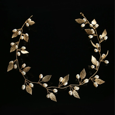 Bandeau de Mariée Fait Main Künstliche Perles et Feuilles Fil Or Argent Style Forêt Accessoire Cheveux Mariage Femme Bijoux