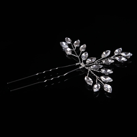 Silver Rhinestone Crystal Wedding Hairpins Hand-Woven Bridal Leaf Branch Hair Accessories Women Banquet Party Jewelry