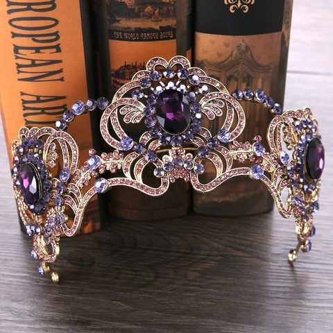 Corona Nuziale Barocca Vintage con Strass Viola Cristallo Tiara Oro Retrò Lega Fiore Copricapo Accessori Capelli Sposa