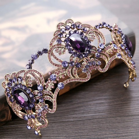 Corona Nuziale Barocca Vintage con Strass Viola Cristallo Tiara Oro Retrò Lega Fiore Copricapo Accessori Capelli Sposa