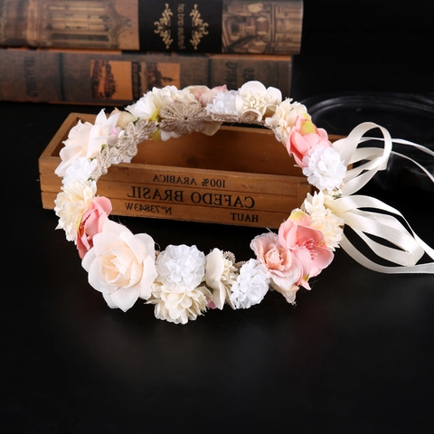 Corona di Fiori da Sposa in Stile Coreano Fascia Floreale Pastorale Regolabile Nastro di Raso Per Matrimonio Fotografia