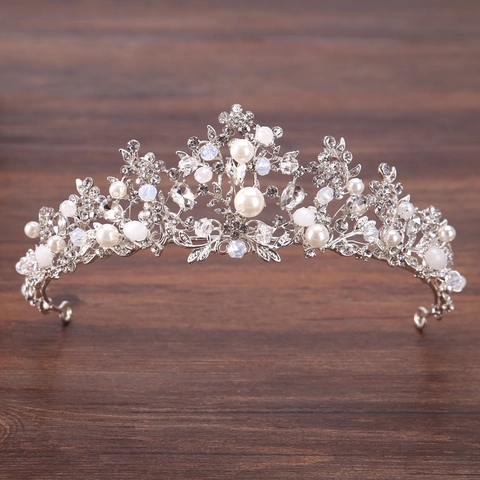 Handgemachte Braut Krone Tiara Für Damen Silber Legierung Künstliche Perle Strass Hochzeit Stirnband Prinzessin Geburtstag Schmuck