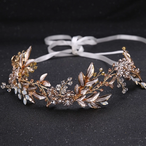 Luxus Handgefertigte Blatt Blume Braut Stirnband Antik Gold Legierung Strass Künstliche Perle Hochzeit Haarschmuck Für Damen