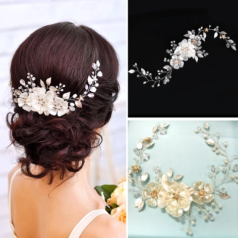 Tralcio per Capelli da Sposa Fatto a Mano Perla Artificiale Strass Fiore Foglia Cerchietto Elegante Accessorio per Sposa