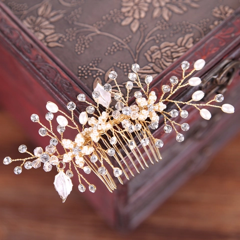 Pettine per Capelli da Sposa Fatto a Mano Con Perla Artificiale Strass Fiore Foglia Design Oro Argento Accessorio per Matrimonio Donna