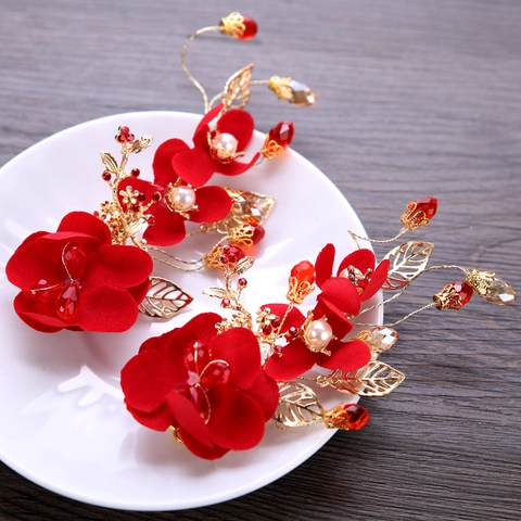 Mollette per Capelli da Sposa Cinesi con Fiori di Velluto Rosso Foglie Dorate Perle Artificiali e Strass Gioielli da Testa per Donne