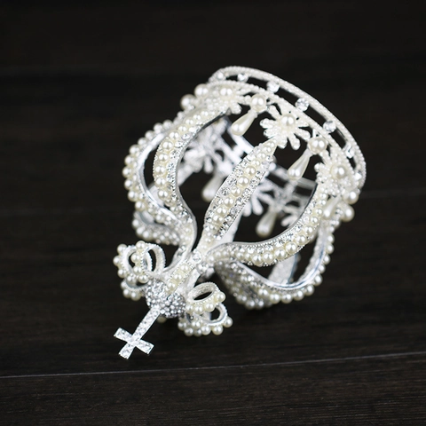 Corona de Novia de Aleación de Lujo Cruz Perla Artificial Diamantes de Imitación Accesorios para el Cabello de Boda Tocado Elegante Vintage para Mujer