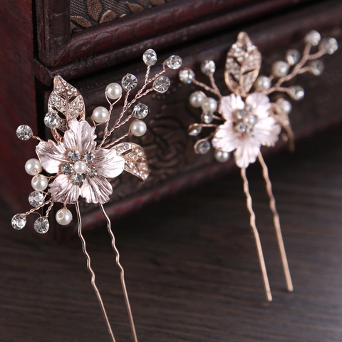 Vintage Strass Blatt Braut Haarstab Legierung Künstliche Perle Blume U-Förmige Haarnadel Hochzeit Party Damen Schmuck