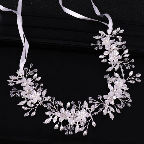 Hand-woven Floral Bridal Hair Vine Silver Alloy Rhinestone Artificial Pearl Headband Elegant Wedding Hair Accessories For Women