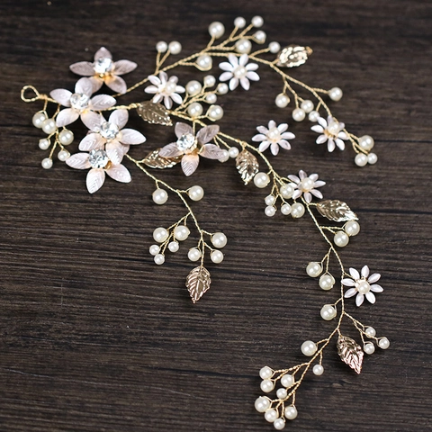 Handmade Wedding Hair Vine For Bride Gold Leaf Flower Headpiece Alloy Artificial Pearl Rhinestone Hair Accessories For Women Elegant Bridal Jewelry