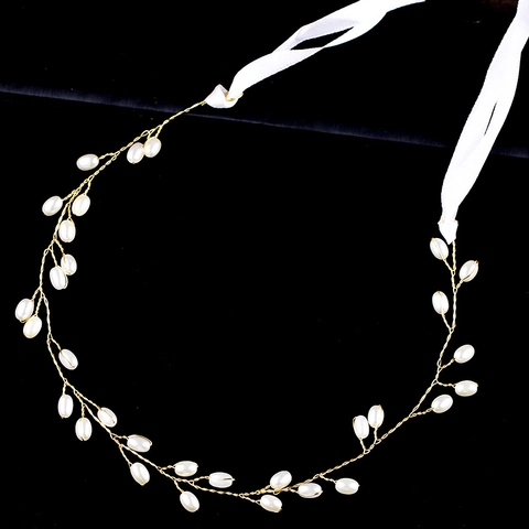 Tralcio per Capelli da Sposa Fatto a Mano in Lega Oro Con Perla Artificiale e Nastro in Raso Bianco Fascia Elegante Gioielli