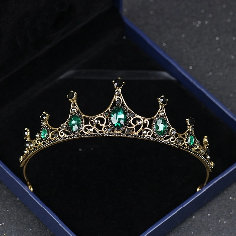 Corona Tiara Barocca Vintage in Lega di Oro Antico con Strass Verdi Accessorio per Capelli Sposa Matrimonio Spettacolo per Donna