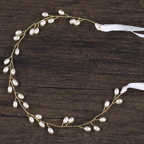 Tralcio per Capelli da Sposa Fatto a Mano in Lega Oro Con Perla Artificiale e Nastro in Raso Bianco Fascia Elegante Gioielli
