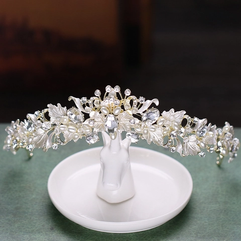 Corona da Sposa in Lega Fatta a Mano con Strass Vintage Lussuoso Fiore Foglia Perla Artificiale Matrimonio Tiara Accessori