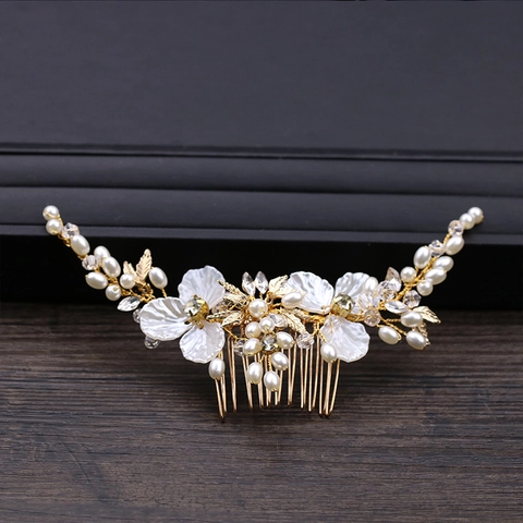 Elegante Pettine per Capelli da Sposa in Lega Fiore Foglia Strass Perla Artificiale Accessori Matrimonio Donna Gioielli
