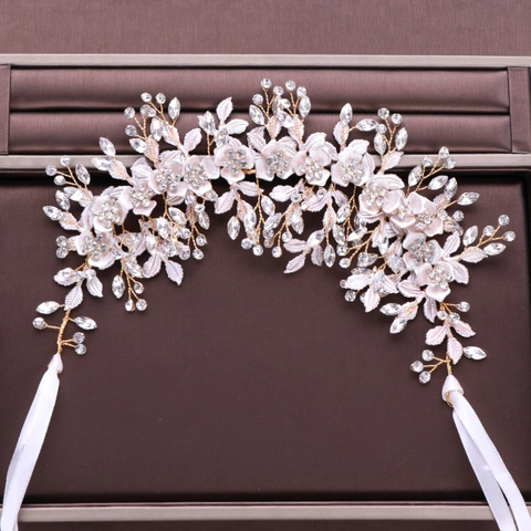 Diadema de Novia Hecha a Mano con Flores y Hojas Diamantes de Imitación y Perlas Artificiales Elegante Enredadera de Pelo Boda