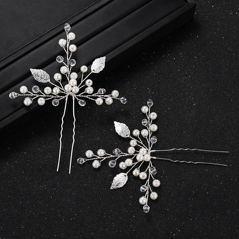 Horquillas de Novia Artesanales de Aleación Perla Artificial Cristal Hoja en Forma de U Elegante Boda Fiesta Diseño de Rama Joyería para el Cabello Mujer