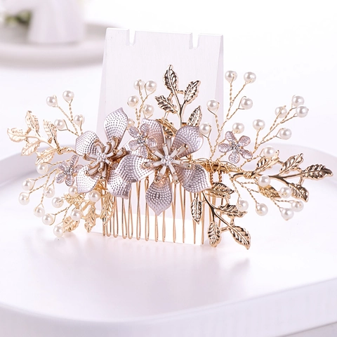 Peine para el Cabello de Novia Flor Hoja de Oro Tocado Con Perla Artificial de Imitación Strass Accesorio para el Cabello de Boda Mujer Joyería