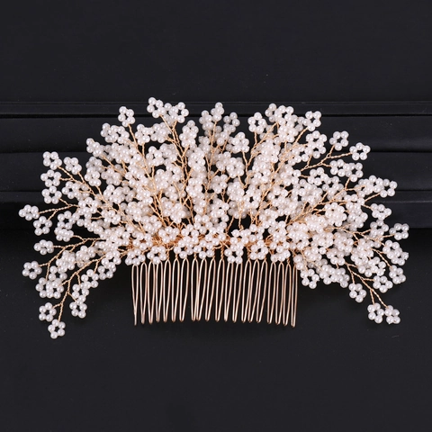 Bruids Kunstparel Haarkam Handgemaakt Goud Legering Bloem Haaraccessoire Voor Bruiloft Feest Vrouwen Elegante Hoofdtooi
