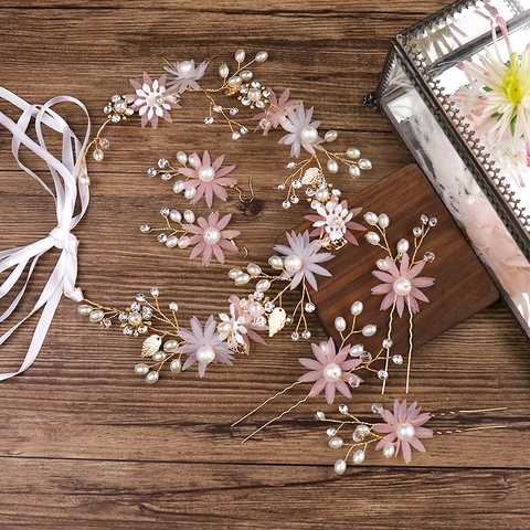 Diadema Nupcial de Flores Rosas Juego de Pendientes Horquillas Perla Artificial Diamantes de Imitación Tocado de Boda Accesorios para el Cabello