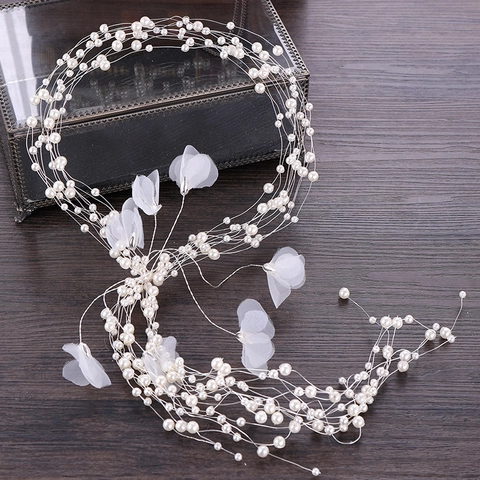Handmade Bridal Hair Vine Headband Floral Tassel Hair Accessory With Artificial Pearl Alloy For Wedding Party Women Jewelry