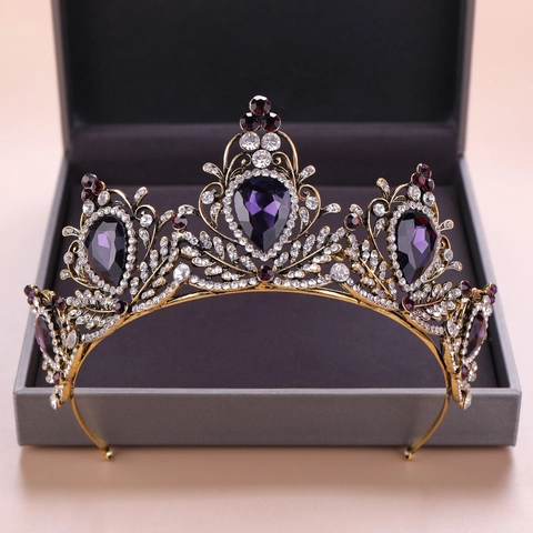 Vintage Barock Lila Kristall Tiara Krone Gold Legierung Strass Kopfschmuck Für Hochzeit Braut Party Damen Luxuriöse Haarschmuck