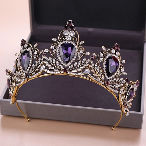 Vintage Barock Lila Kristall Tiara Krone Gold Legierung Strass Kopfschmuck Für Hochzeit Braut Party Damen Luxuriöse Haarschmuck