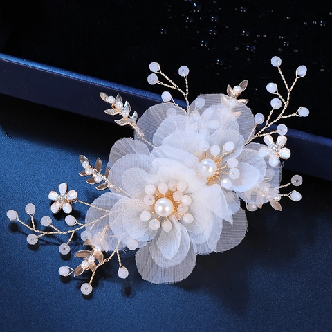 Pinza para el Cabello de Novia Hecha a Mano Flor de Gasa Blanca Con Imitación Perla Artificial Hoja Aleación de Oro Boda