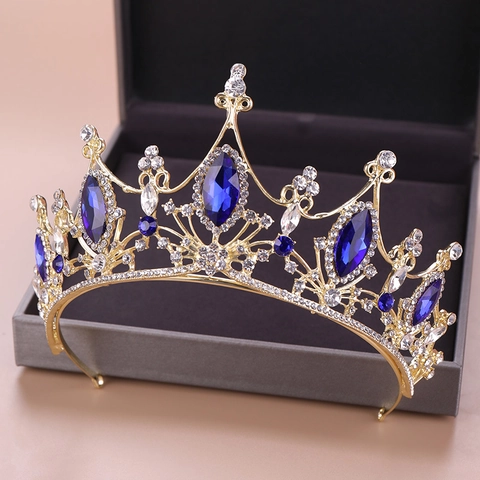 Luxus Legierung Strass Brautkrone Gold Blau Silber Kristall Hochzeit Tiara Royal Queen Kopfschmuck Für Damen Schmuck Zubehör