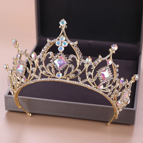 Luxus Gold Legierung Kristall Tiara Barock Irisierende Strass Prinzessin Krone Für Hochzeit Geburtstag Event Haarschmuck