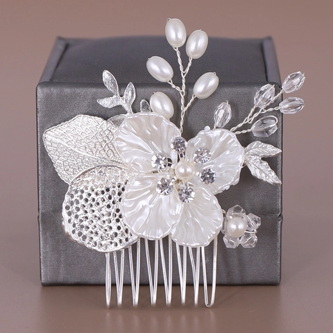Pettine per Capelli da Sposa Artigianale in Lega Perla Artificiale Strass Fiore Foglia Copricapo Argento Bianco Gioielli