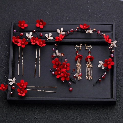 Set Accessori Capelli Sposa Fiore Tessuto Rosso Lega Oro Strass Perla Artificiale Nappa Fascia Orecchini per Matrimonio Festa