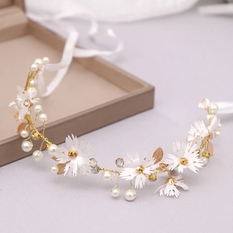 Handmade Bridal Flower Leaf Headband Rhinestone Artificial Pearl Wedding Hair Vine Ribbon Hairband Accessories For Women Kids