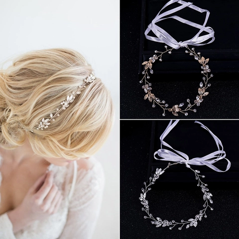 Bandeau à Cheveux de Mariée Feuilles et Strass Fait à la Main Avec Ruban en Satin Coiffe de Mariage Élégante pour Femme Bijoux de Fête