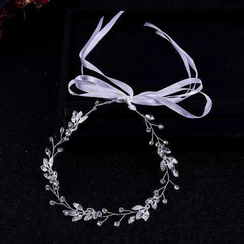 Bandeau à Cheveux de Mariée Feuilles et Strass Fait à la Main Avec Ruban en Satin Coiffe de Mariage Élégante pour Femme Bijoux de Fête