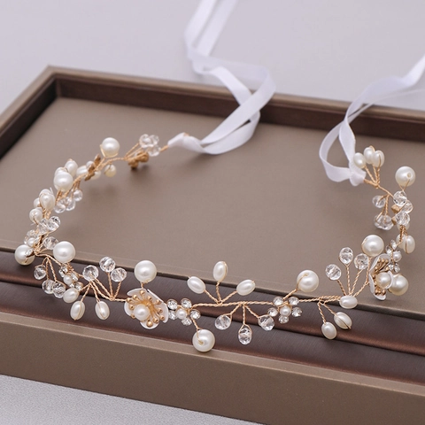 Enredadera para el Cabello de Novia Tejida a Mano Con Perla Artificial Strass Diseño de Flores Diadema de Boda Dorada para Mujer