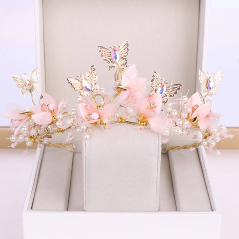 Cerchietto a Corona da Sposa con Fiori e Farfalle in Lega e Strass Rosa Petalo in Chiffon Intrecciato a Mano Tiara per Matrimonio