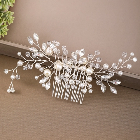 Handgefertigter Silber Legierung Braut Haarkamm Mit Künstlichen Perlen Und Strass Blattzweig Hochzeit Haarschmuck Für Damen