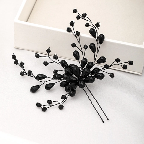 Handmade Black Beaded Hair Stick Vintage Bridal U-Shaped Hair Fork Resin Branch Headpiece For Women Wedding Jewelry