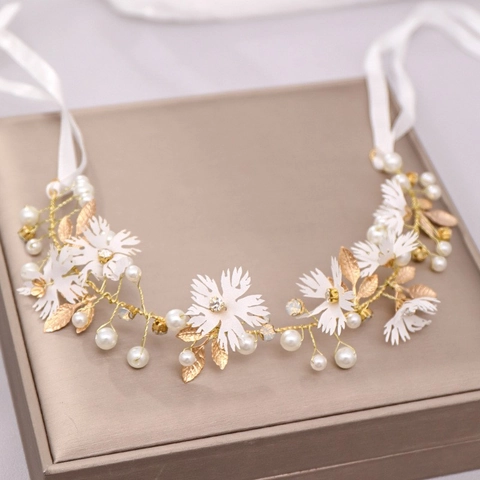 Handmade Bridal Flower Leaf Headband Rhinestone Artificial Pearl Wedding Hair Vine Ribbon Hairband Accessories For Women Kids